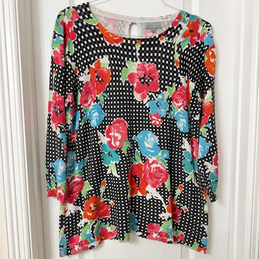 Joseph A. floral  coloful checkered print sweater Size L
